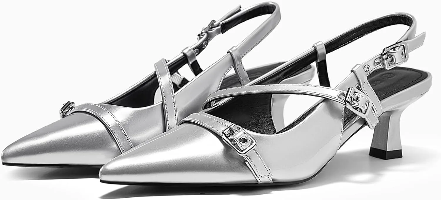 Coutgo Womens Slingback Kitten Heels Low Heel Closed Pointed Toe Pumps Buckle Strap Heeled Sandals Shoes