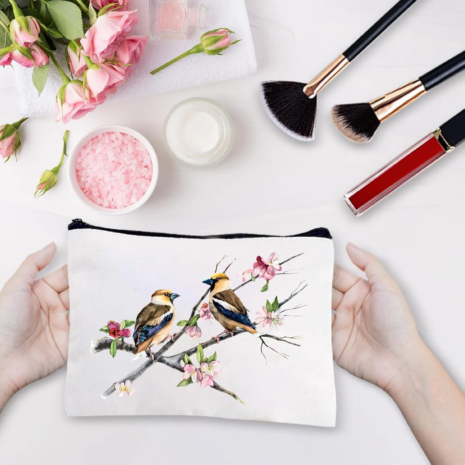 CREATCABIN Birds Makeup Bags Cosmetic Bag Multi Purpose with Metal Zipper Pouch Lifelike Birds on Branches Toiletry Travel Bag Purse for Women Birthday Gifts Accessories 10 x 7Inch