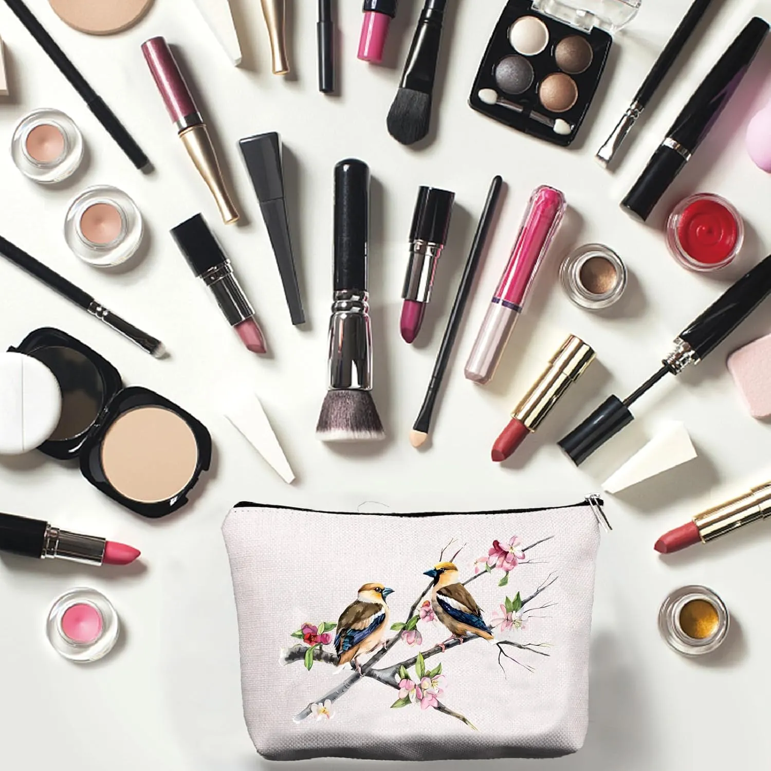 CREATCABIN Birds Makeup Bags Cosmetic Bag Multi Purpose with Metal Zipper Pouch Lifelike Birds on Branches Toiletry Travel Bag Purse for Women Birthday Gifts Accessories 10 x 7Inch