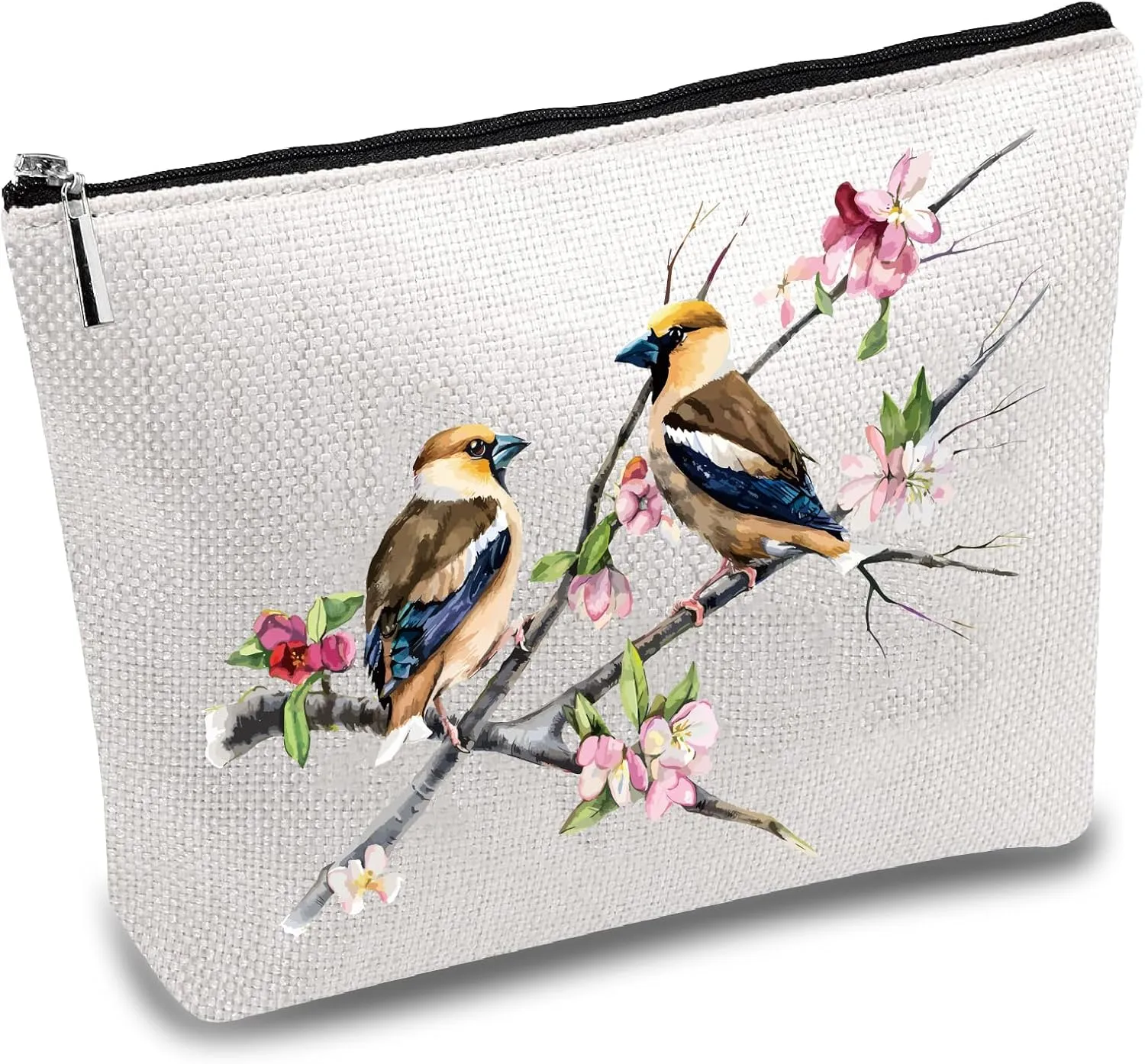 CREATCABIN Birds Makeup Bags Cosmetic Bag Multi Purpose with Metal Zipper Pouch Lifelike Birds on Branches Toiletry Travel Bag Purse for Women Birthday Gifts Accessories 10 x 7Inch