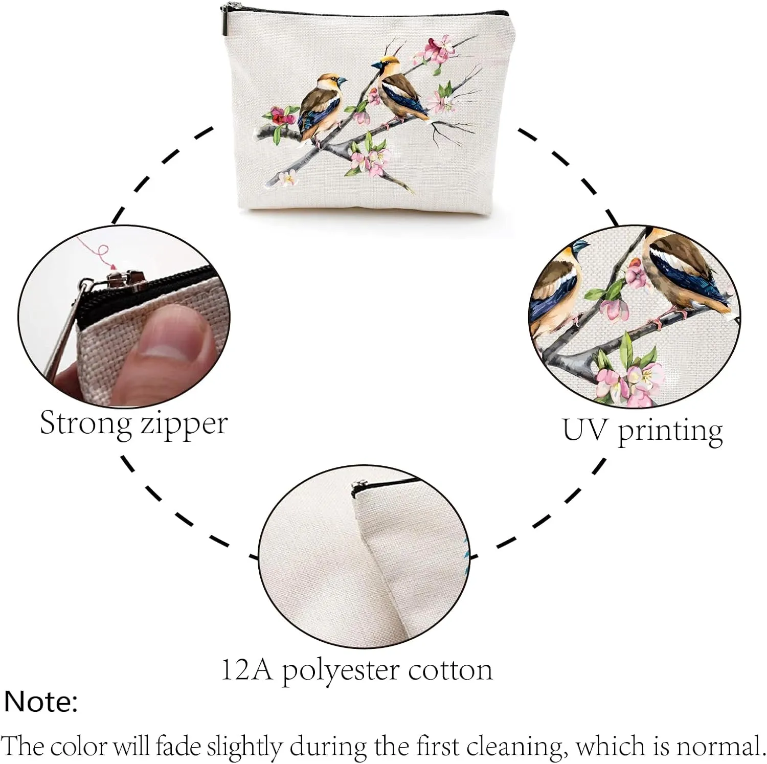 CREATCABIN Birds Makeup Bags Cosmetic Bag Multi Purpose with Metal Zipper Pouch Lifelike Birds on Branches Toiletry Travel Bag Purse for Women Birthday Gifts Accessories 10 x 7Inch
