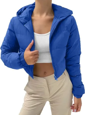 Cropped Jackets for Women Long Sleeve Slim Fit Thickened Down Jacket Winter Zip Up Solid Hooded Quilted Puffer Coat