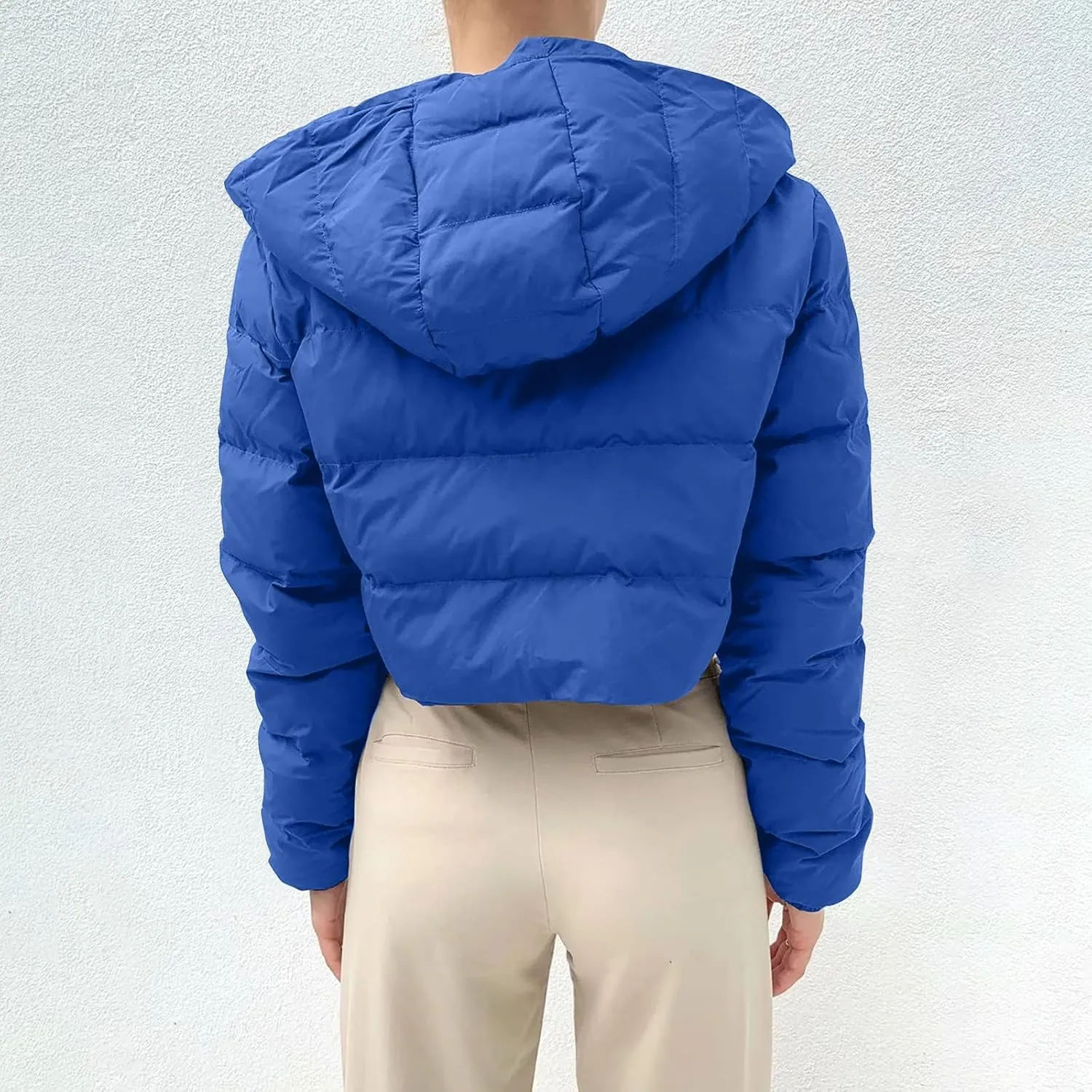Cropped Jackets for Women Long Sleeve Slim Fit Thickened Down Jacket Winter Zip Up Solid Hooded Quilted Puffer Coat