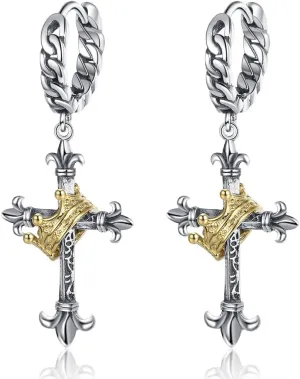 Cross Earrings for Men - Dangle with Crown Design - Perfect for Women - Cross Hoop Earrings for Men & Women cross with crown earrings for men cross earrings for women