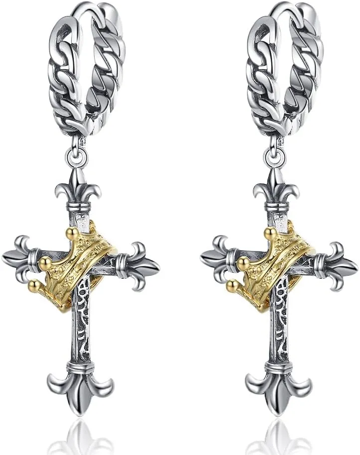 Cross Earrings for Men - Dangle with Crown Design - Perfect for Women - Cross Hoop Earrings for Men & Women cross with crown earrings for men cross earrings for women