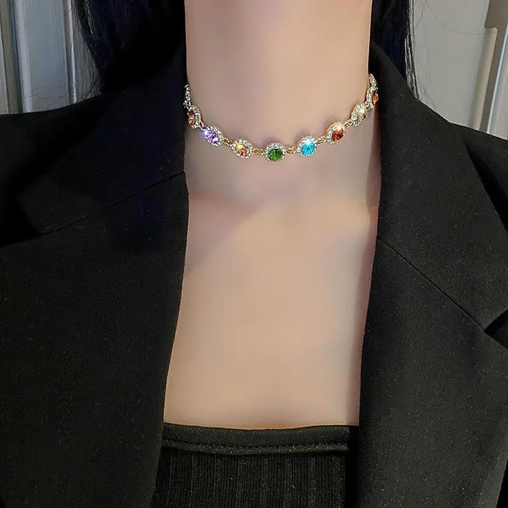 Crystal Choker Necklace Sparkly Rhinestone Chokers Gold Colorful Necklaces for Women