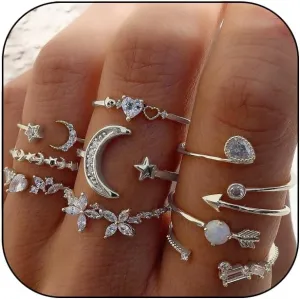 CSIYSNJRY99 Dainty Silver Rings for Women Boho Stackable Star Moon Flower Silver Rings Set for Teens Vintage Crystal Knuckle Stacking Rings