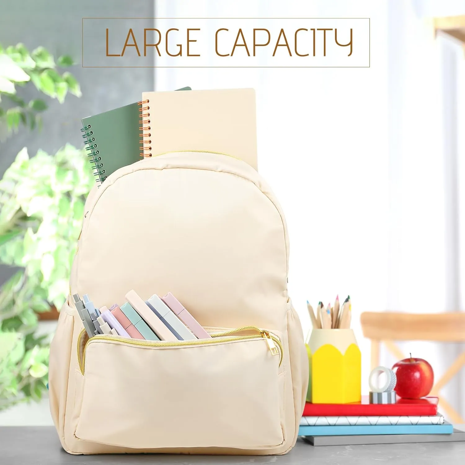 Cunno 1 Piece Nylon Backpack for School Preppy Bookbags Bulk Girls Boys School Bags Toddler Backpack Waterproof Travel Bag (Beige)