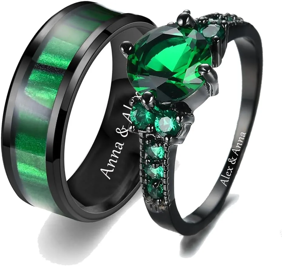 Custom Engraved Couple Rings Set Promise Rings for Him and Her Purple Matching Wedding Rings for Couples Black and Blue Titanium Rings for Men Wedding Band CZ Engagement Ring for Women,Size 5-13