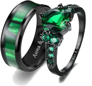 Custom Engraved Couple Rings Set Promise Rings for Him and Her Purple Matching Wedding Rings for Couples Black and Blue Titanium Rings for Men Wedding Band CZ Engagement Ring for Women,Size 5-13