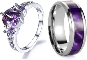Custom Engraved Couples Promise Rings - Purple & Blue Titanium His & Hers Wedding Bands, CZ Engagement Ring for Her, Size 5-13