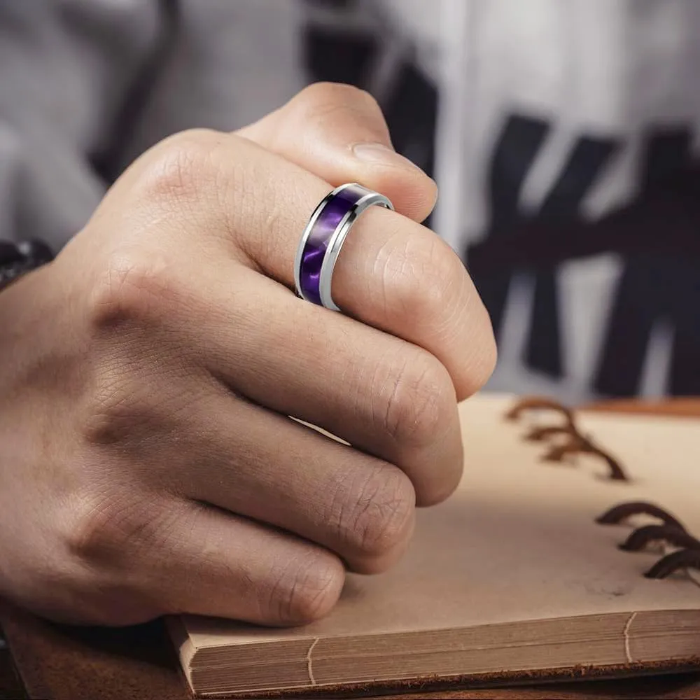 Custom Engraved Couples Promise Rings - Purple & Blue Titanium His & Hers Wedding Bands, CZ Engagement Ring for Her, Size 5-13