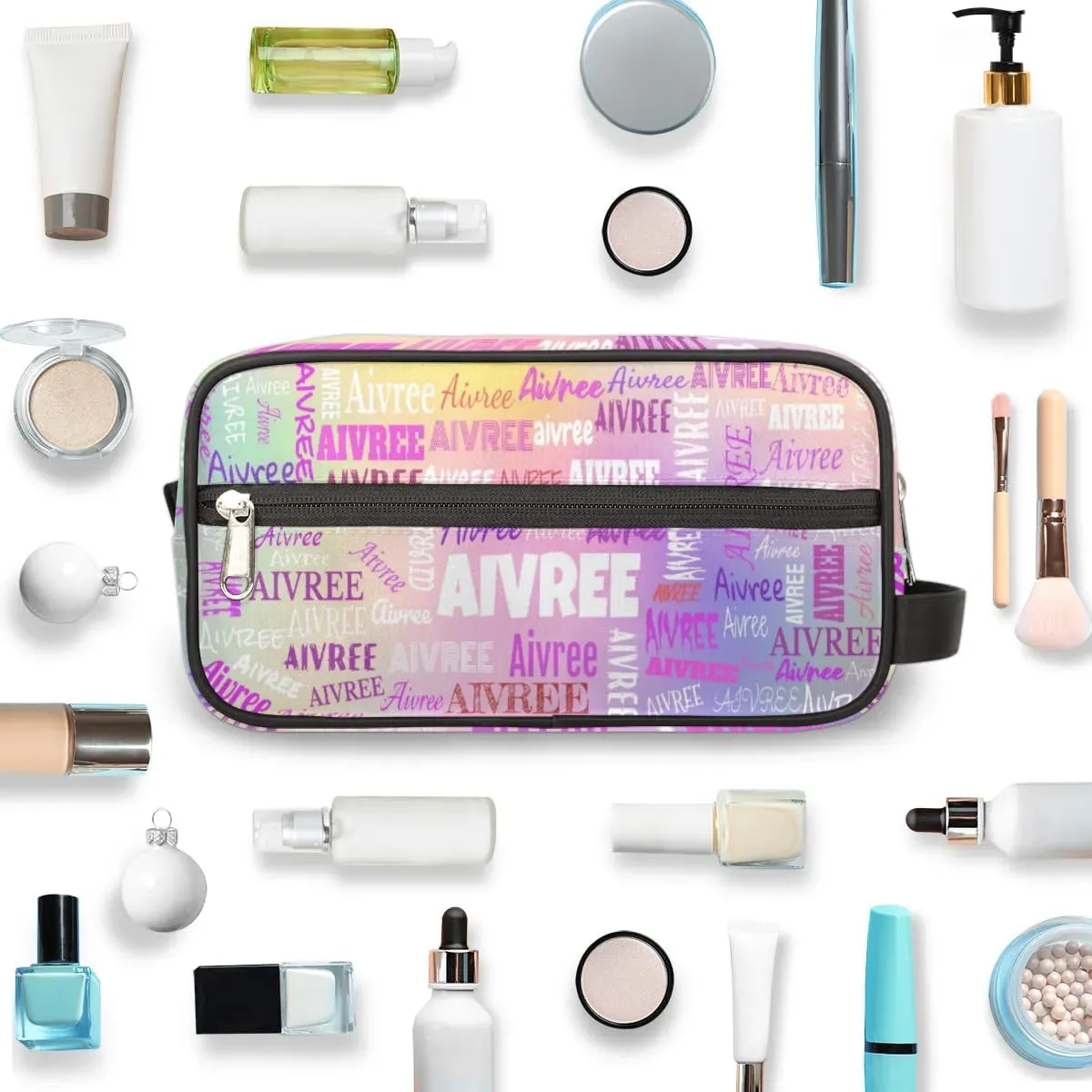 Custom Travel Cosmetic Bag with Name, Personalized Large Capacity Weekend Toiletry Bag Portable Bathroom Makeup Organizer, Colorful Pink Purple Galaxy Background