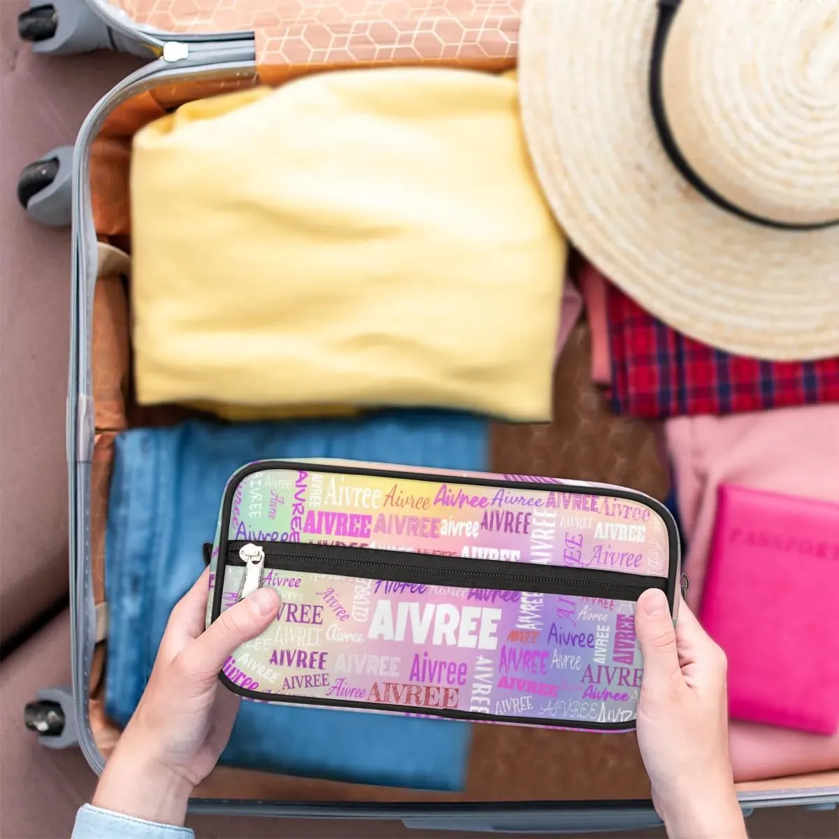 Custom Travel Cosmetic Bag with Name, Personalized Large Capacity Weekend Toiletry Bag Portable Bathroom Makeup Organizer, Colorful Pink Purple Galaxy Background