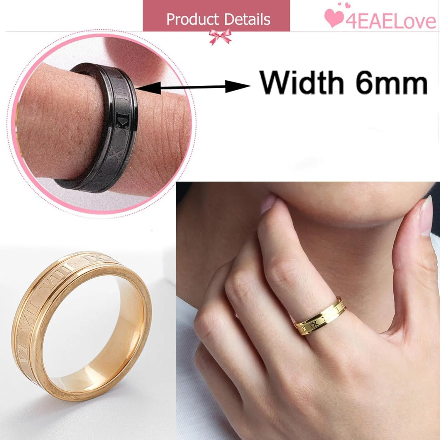 Customize Roman Numberals Rings Hand Made Titanium Stainless Steel Couples Ring Inside Can Engraved Promise Rings 6mm 8mm Silver Gold Color Black Open Rings