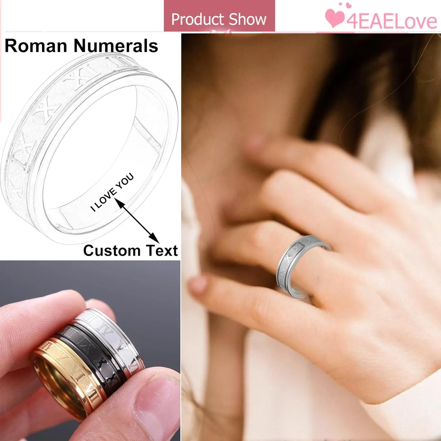 Customize Roman Numberals Rings Hand Made Titanium Stainless Steel Couples Ring Inside Can Engraved Promise Rings 6mm 8mm Silver Gold Color Black Open Rings