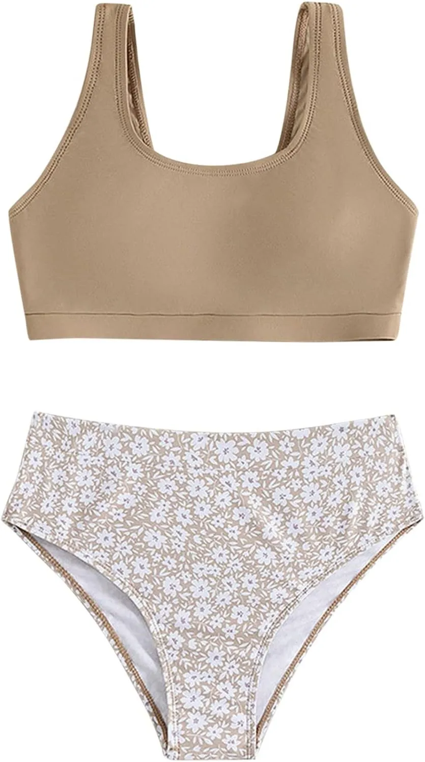 Cute Swimsuits for Teen Girls Tankini Bathing Suit 2 Piece Swimsuit Sport Floral Print High Waist Bikini Set Swimwear