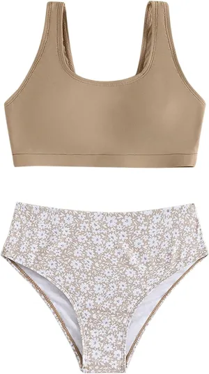 Cute Swimsuits for Teen Girls Tankini Bathing Suit 2 Piece Swimsuit Sport Floral Print High Waist Bikini Set Swimwear