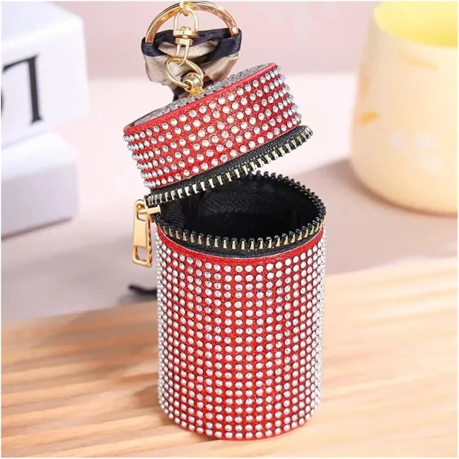 Cylindrical Mini Rhinestone Lipstick Bag With Silk Scarf Keychain Women Portable Zipper Coin Purse Coin Bag For Party Prom Cocktail Wedding(Blue)