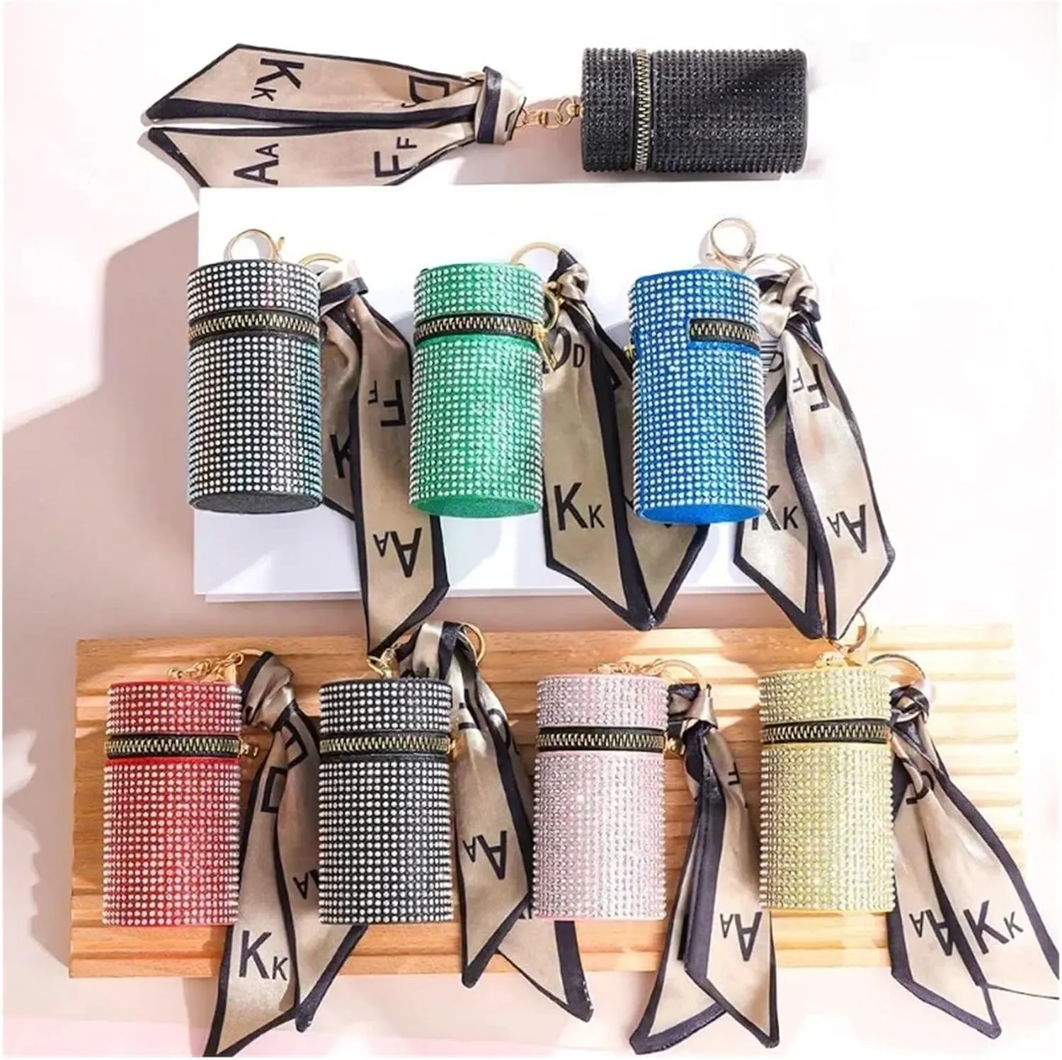 Cylindrical Mini Rhinestone Lipstick Bag With Silk Scarf Keychain Women Portable Zipper Coin Purse Coin Bag For Party Prom Cocktail Wedding(Blue)