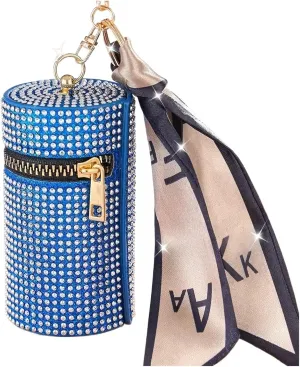 Cylindrical Mini Rhinestone Lipstick Bag With Silk Scarf Keychain Women Portable Zipper Coin Purse Coin Bag For Party Prom Cocktail Wedding(Blue)
