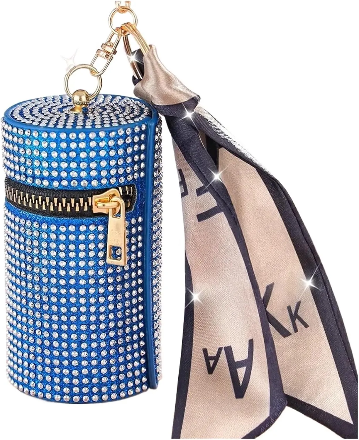 Cylindrical Mini Rhinestone Lipstick Bag With Silk Scarf Keychain Women Portable Zipper Coin Purse Coin Bag For Party Prom Cocktail Wedding(Blue)