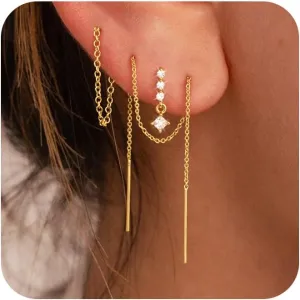 Dangle Earrings for Women Trendy, Dainty 14K Gold Plated Chain Earrings for Women Simple Threader Earrings Non Tarnish Hypoallergenic Long Drop Earrings Jewelry Pack for Women Gifts