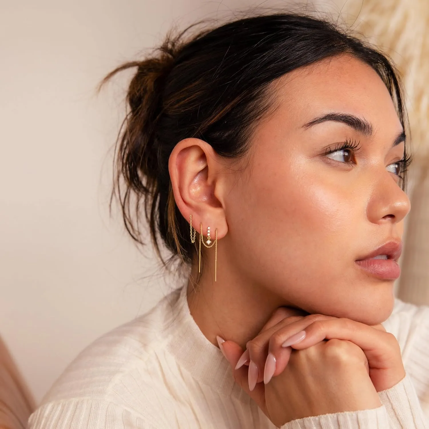 Dangle Earrings for Women Trendy, Dainty 14K Gold Plated Chain Earrings for Women Simple Threader Earrings Non Tarnish Hypoallergenic Long Drop Earrings Jewelry Pack for Women Gifts