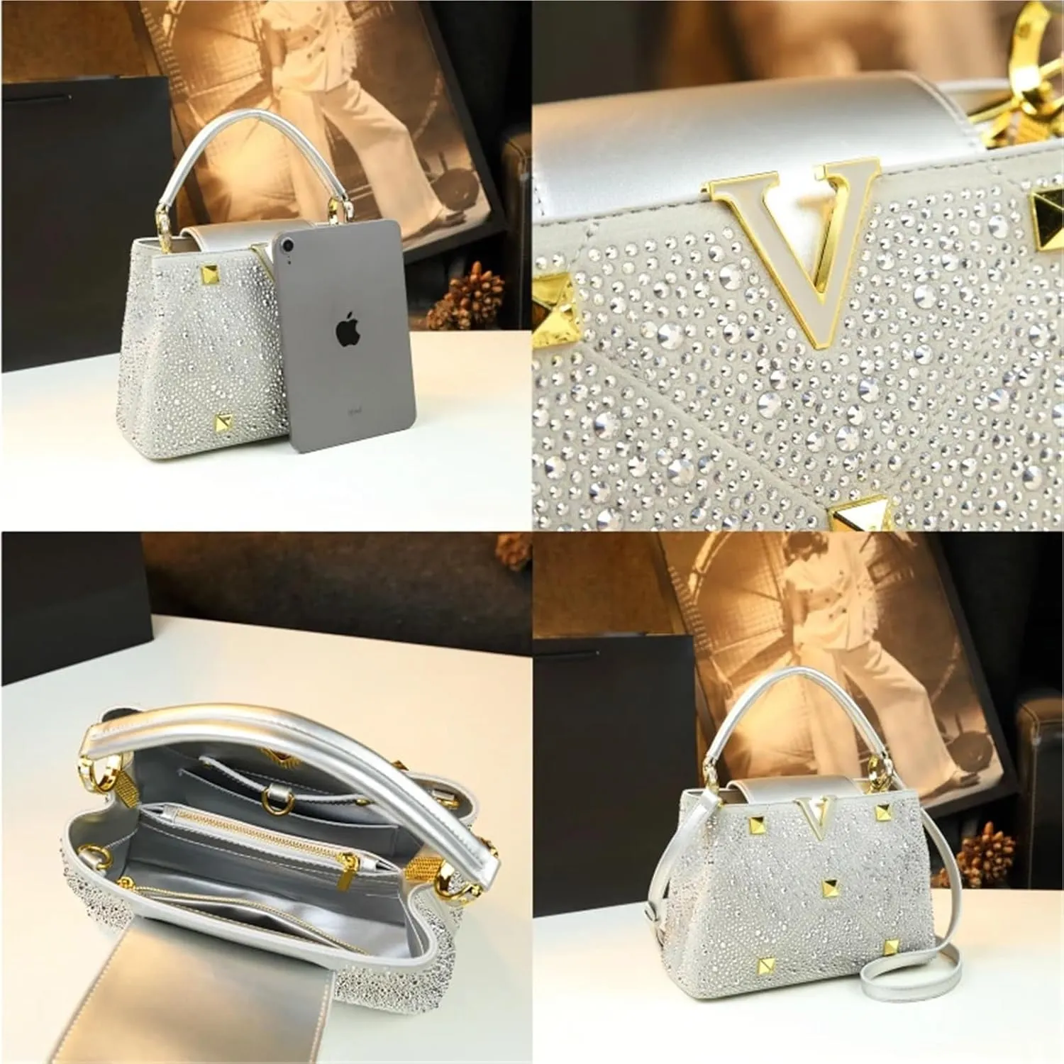 Diamonds Women's Handbags Ladies Leather Rivets Shoulder Crossbody Bag Portable Shell Bags For Party Prom Cocktail Wedding
