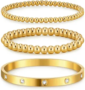 doubgood Gold Bracelets for Women Stackable Gold Bangles Friendship Beaded Bracelets Jewelry Set for Mother's Day Gifts Valentine Wedding Birthday 7.5INCH