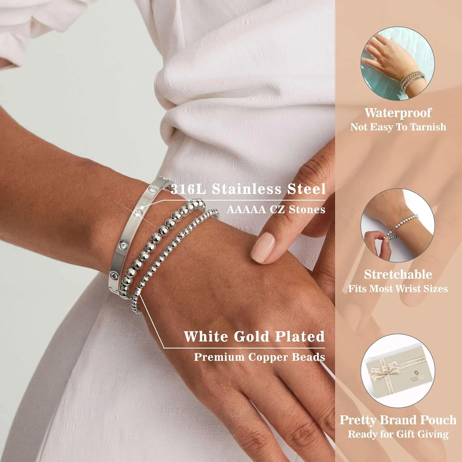 doubgood Gold Bracelets for Women Stackable Gold Bangles Friendship Beaded Bracelets Jewelry Set for Mother's Day Gifts Valentine Wedding Birthday