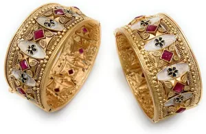 Duel On Jewel Indian Pakistani Bridal Womens Openable Kada Bangle Bracelet Sets, Gold-Plated with Zircon, Polki, Meenakari Enamel, Filigree Designs, 0.75-1.38 Inch Width, Medium Size 2-6, Party Gift