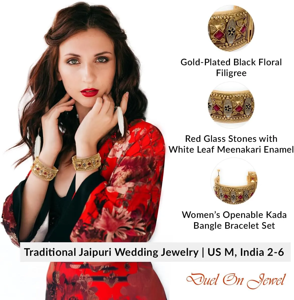 Duel On Jewel Indian Pakistani Bridal Womens Openable Kada Bangle Bracelet Sets, Gold-Plated with Zircon, Polki, Meenakari Enamel, Filigree Designs, 0.75-1.38 Inch Width, Medium Size 2-6, Party Gift