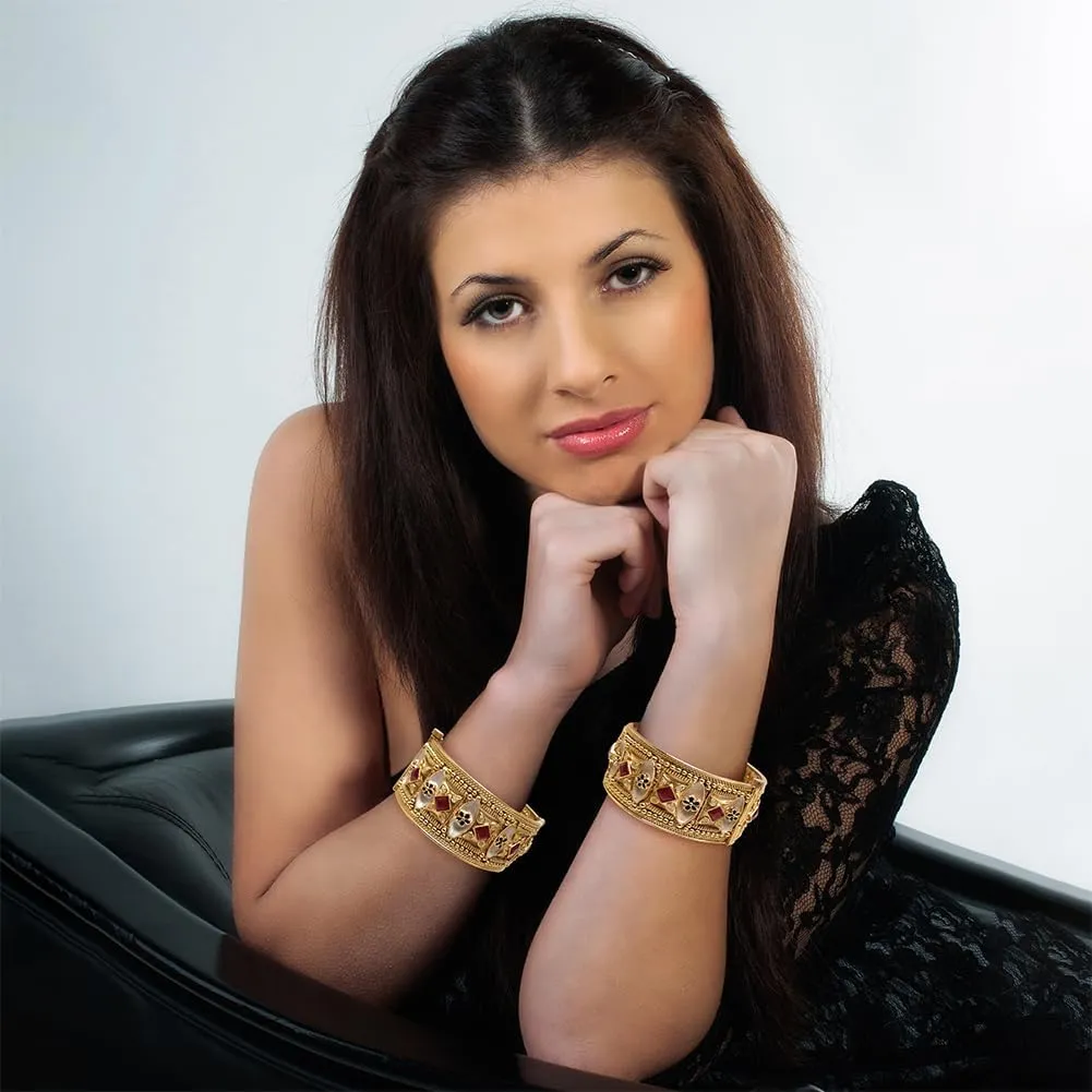 Duel On Jewel Indian Pakistani Bridal Womens Openable Kada Bangle Bracelet Sets, Gold-Plated with Zircon, Polki, Meenakari Enamel, Filigree Designs, 0.75-1.38 Inch Width, Medium Size 2-6, Party Gift