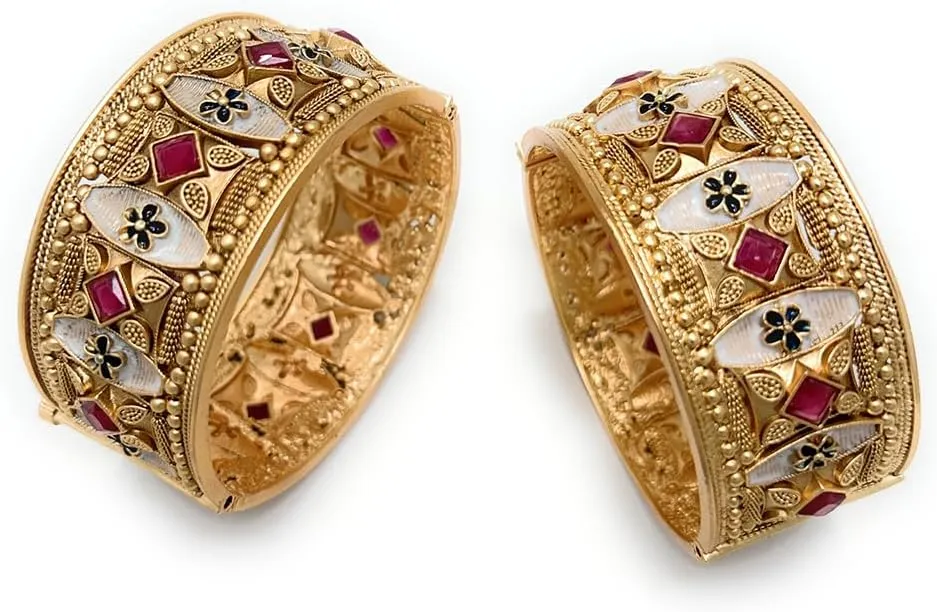 Duel On Jewel Indian Pakistani Bridal Womens Openable Kada Bangle Bracelet Sets, Gold-Plated with Zircon, Polki, Meenakari Enamel, Filigree Designs, 0.75-1.38 Inch Width, Medium Size 2-6, Party Gift