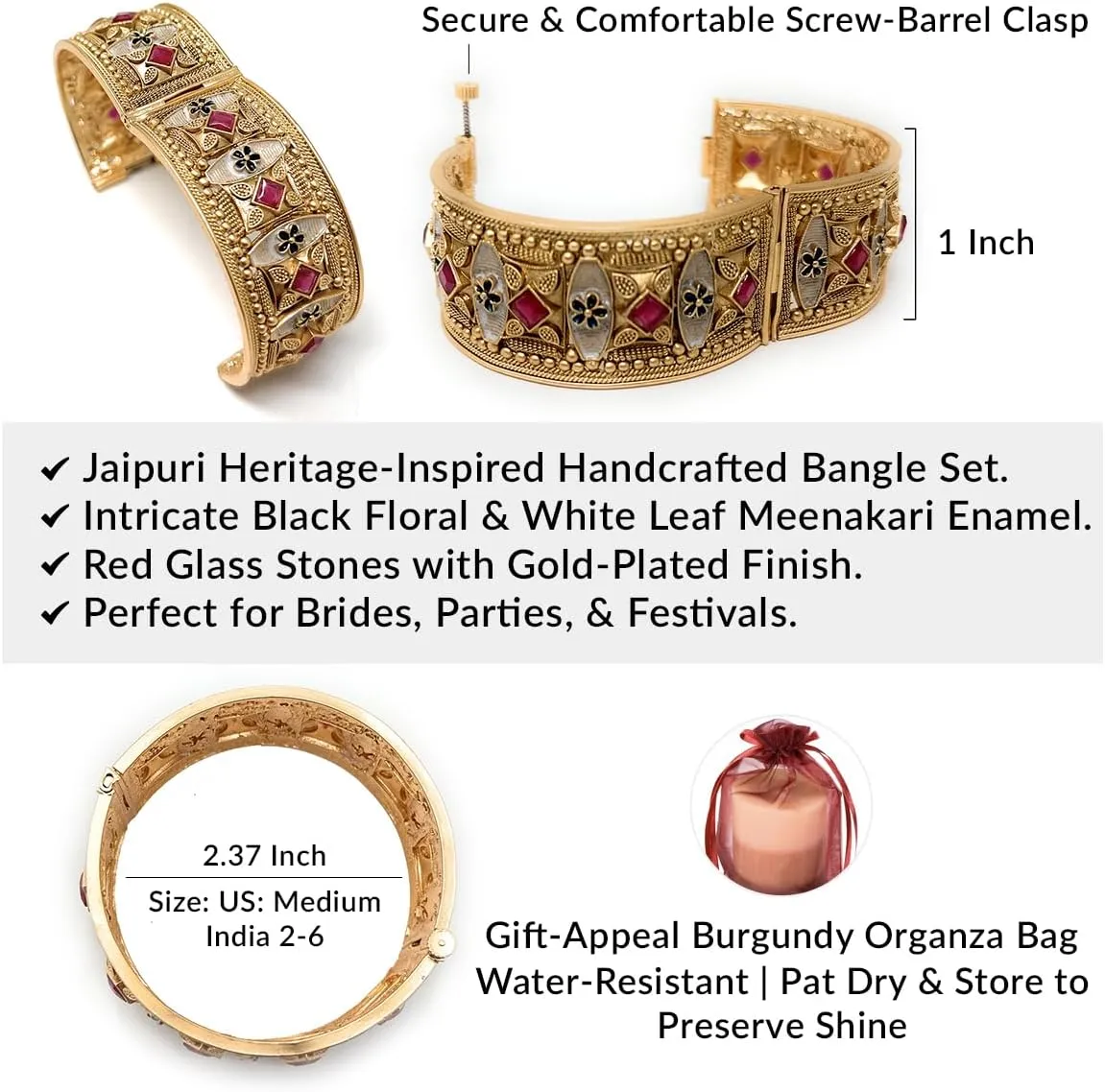 Duel On Jewel Indian Pakistani Bridal Womens Openable Kada Bangle Bracelet Sets, Gold-Plated with Zircon, Polki, Meenakari Enamel, Filigree Designs, 0.75-1.38 Inch Width, Medium Size 2-6, Party Gift
