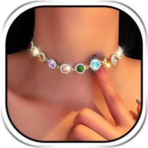EARENT Colorful Crystal Choker Necklace Gold Rhinestone Chokers Sparkly Necklaces Chain Minimalist Prom Party Neck Jewelry for Women
