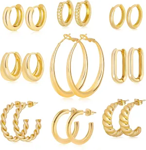Earrings 9 Pairs 14K Gold Plated Hoop Earrings for Women Gold Twisted Hoops Earrings Jewelry for Women Gifts
