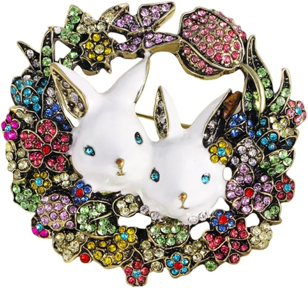Easter Wreath Brooch Lovely Rabbits Brooch Rhinestone Pin Easter Costume Accessories for Backpack Cloths Bags Decor