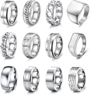 EIELO 12Pcs Rings for Men Stainless Steel Band Rings Square Signet Rings Pinky Thumb Ring Silver Chunky Thick Dome Band Cuban Link Chain Ring Simple Cool Wedding Finger Ring 7-14