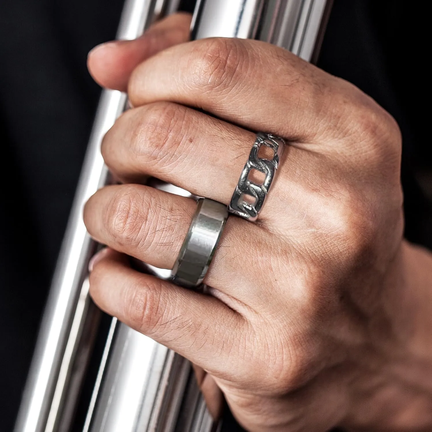 EIELO 12Pcs Rings for Men Stainless Steel Band Rings Square Signet Rings Pinky Thumb Ring Silver Chunky Thick Dome Band Cuban Link Chain Ring Simple Cool Wedding Finger Ring 7-14
