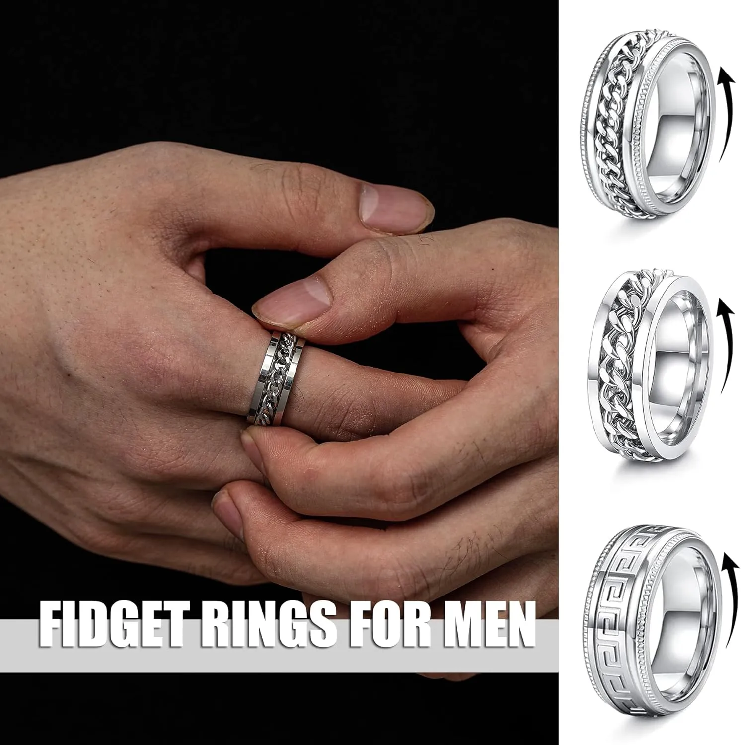 EIELO 12Pcs Rings for Men Stainless Steel Band Rings Square Signet Rings Pinky Thumb Ring Silver Chunky Thick Dome Band Cuban Link Chain Ring Simple Cool Wedding Finger Ring 7-14