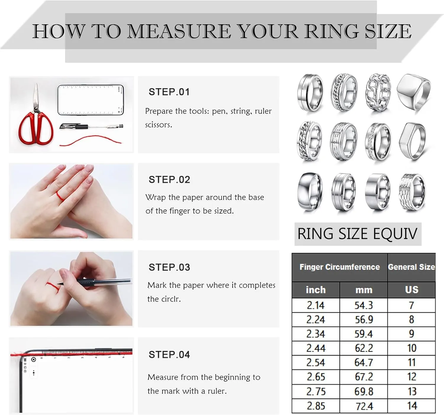EIELO 12Pcs Rings for Men Stainless Steel Band Rings Square Signet Rings Pinky Thumb Ring Silver Chunky Thick Dome Band Cuban Link Chain Ring Simple Cool Wedding Finger Ring 7-14