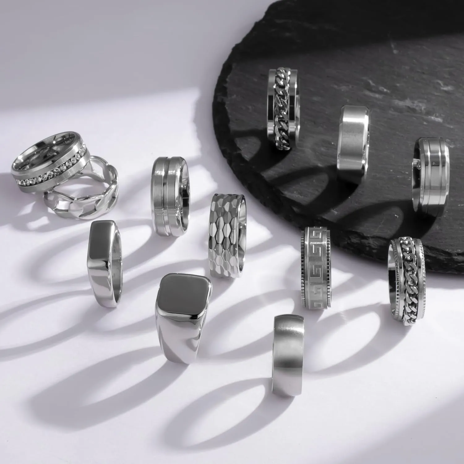 EIELO 12Pcs Rings for Men Stainless Steel Band Rings Square Signet Rings Pinky Thumb Ring Silver Chunky Thick Dome Band Cuban Link Chain Ring Simple Cool Wedding Finger Ring 7-14
