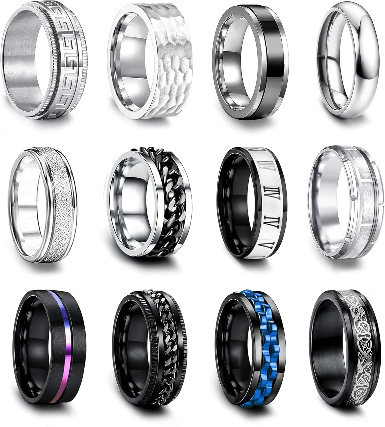 EIELO 12Pcs Stainless Steel Band Rings for Men Women Cool Fidget Spinning Chain Ring Anxiety Relief Fashion Simple Wedding Engagement Ring Set