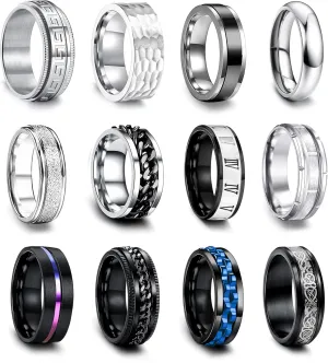 EIELO 12Pcs Stainless Steel Band Rings for Men Women Cool Fidget Spinning Chain Ring Anxiety Relief Fashion Simple Wedding Engagement Ring Set