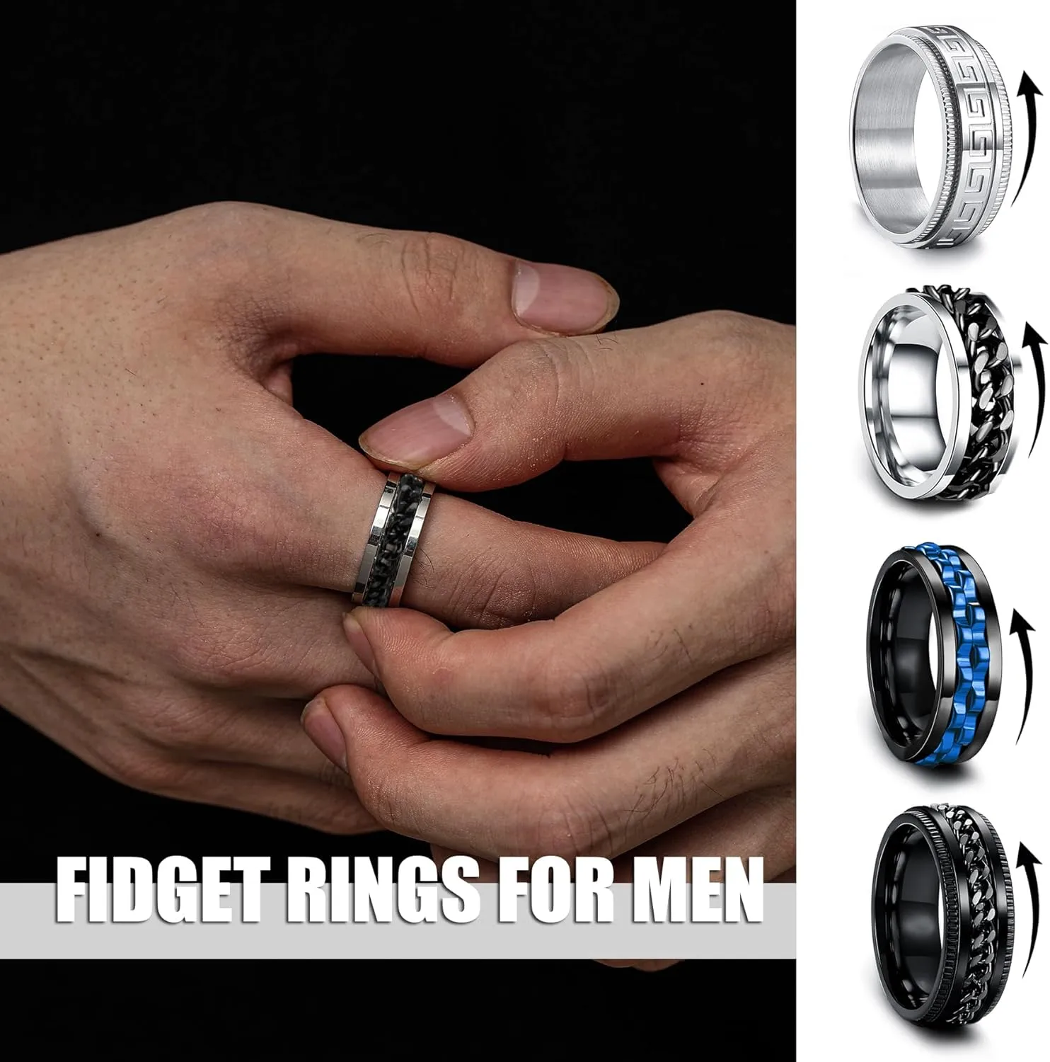 EIELO 12Pcs Stainless Steel Band Rings for Men Women Cool Fidget Spinning Chain Ring Anxiety Relief Fashion Simple Wedding Engagement Ring Set
