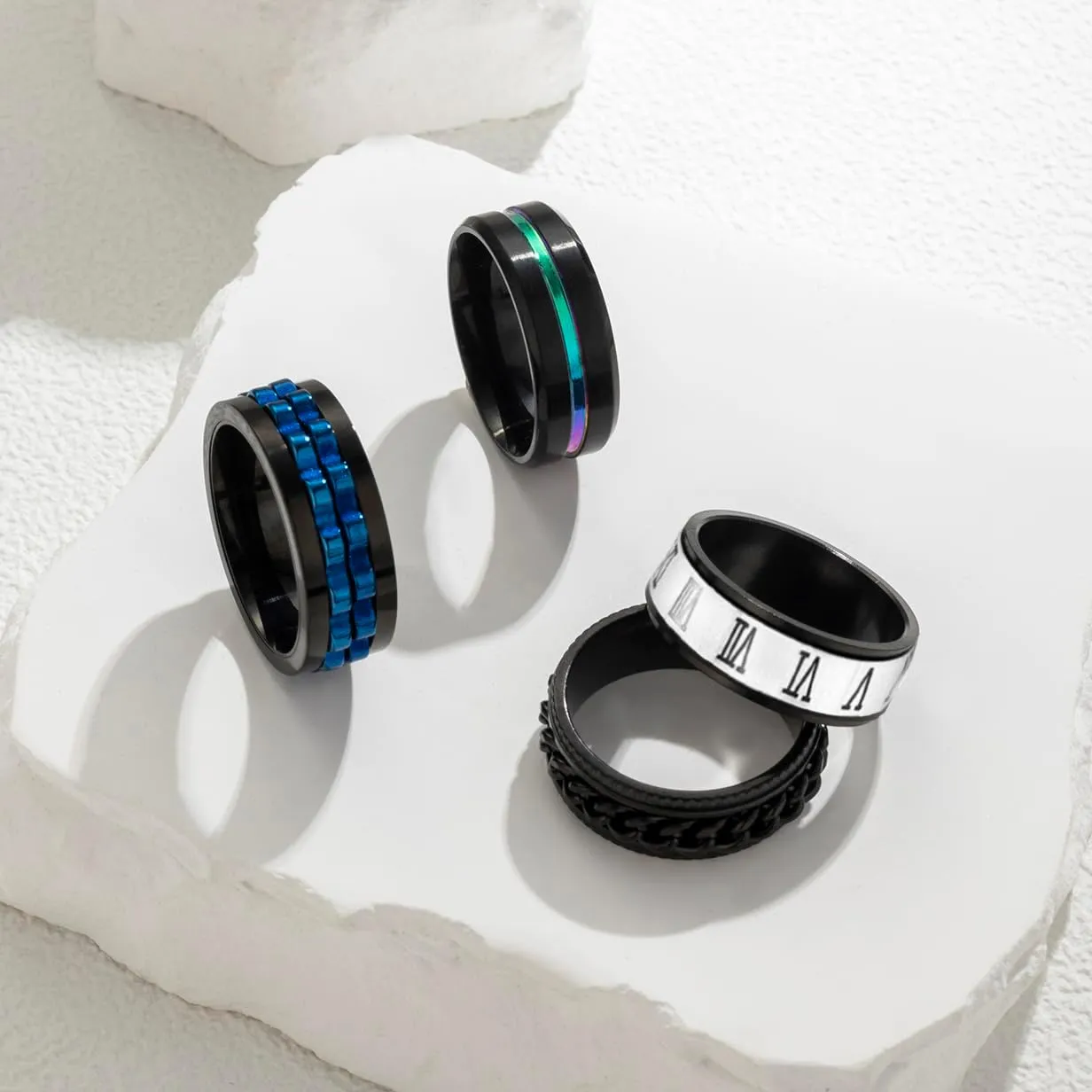 EIELO 12Pcs Stainless Steel Band Rings for Men Women Cool Fidget Spinning Chain Ring Anxiety Relief Fashion Simple Wedding Engagement Ring Set