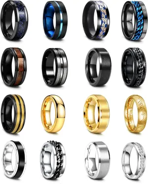 EIELO 16Pcs Stainless Steel Band Rings for Men Cool Black Gold Silver Plated Rings Comfort Fit Fidget Spinning Chain Ring Fashion Simple Mens Wedding Engagement Ring Set