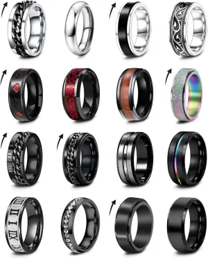 EIELO 16Pcs Stainless Steel Men Fidget Rings for Men Women Stress Anxiety Relief Spinning Rings Cool Black Rings Fashion Chain Band Ring Mens Wedding Engagement Ring Set